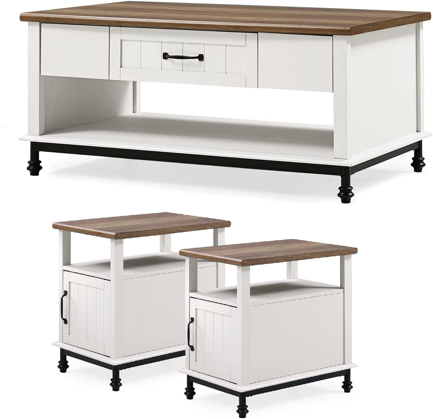 Wampat Farmhouse Wood Coffee Table with 2 End Tables, Rustic White