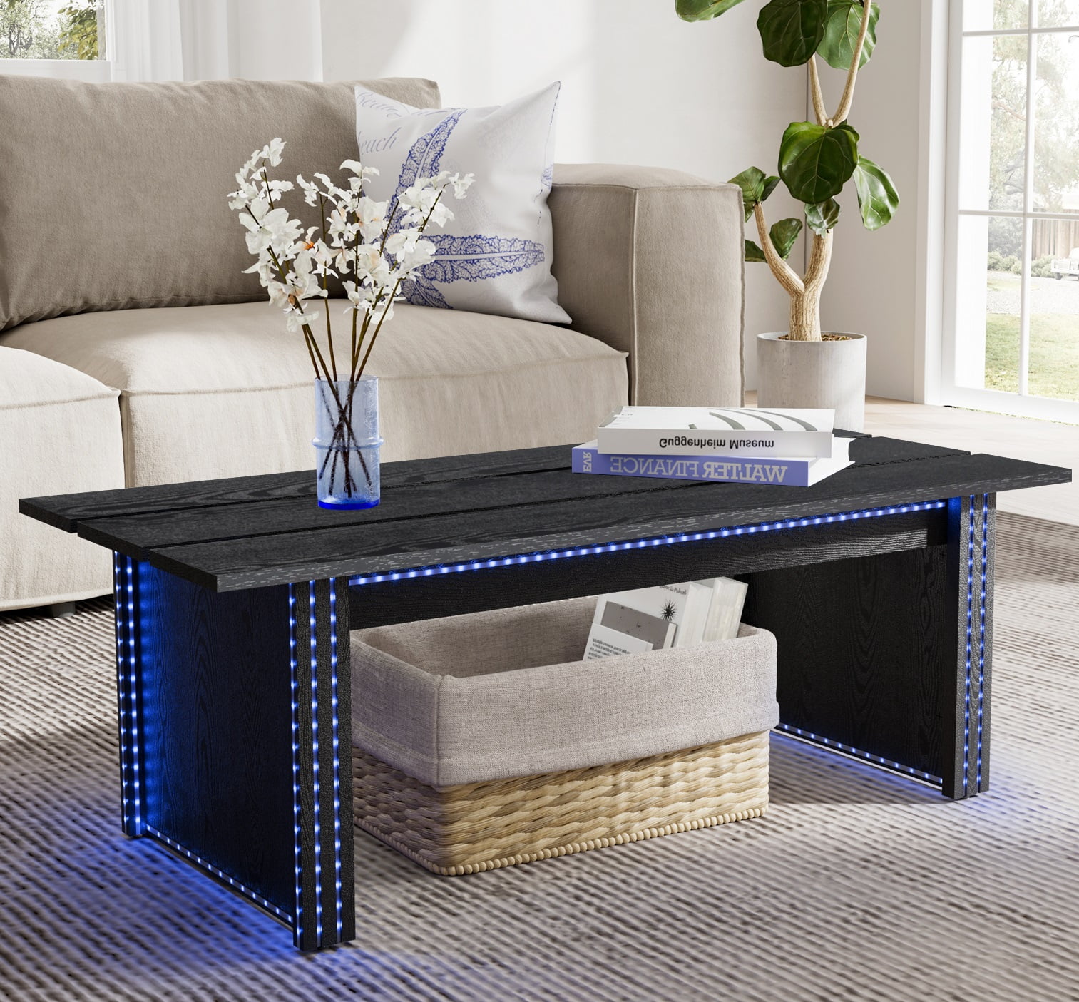 Wampat Farmhouse Wood LED 42 Inch Coffee Table, Black - Walmart.com