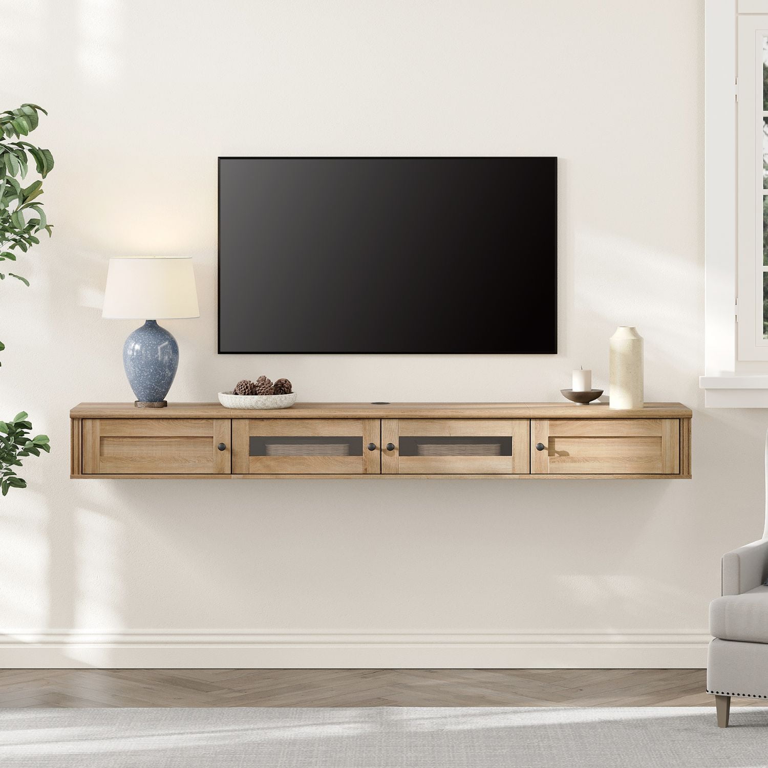 Wampat Floating TV Shelf for 75 Inch TVs, Wooden Floating TV Stand with