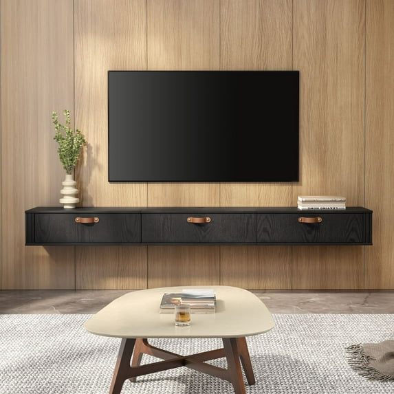 Wampat Floating TV Stand for 80" TVs, Wall Mounted Media Console Entertainment Center with Cabinet, Floating TV Shelf for Living Room, Bedroom, Black