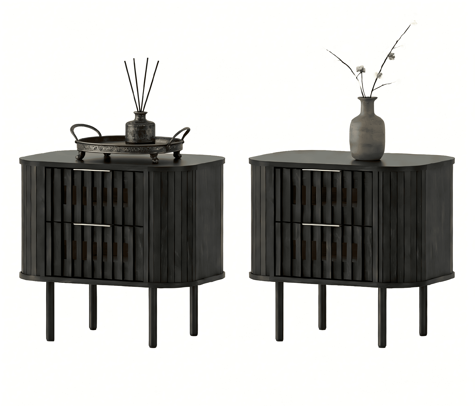 Wampat Modern Fluted Nightstand Set of 2, Wooden End Table with 2 Drawers, 20.4H" Bedside table for Living Room, Bedroom, Black