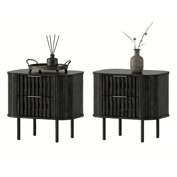 Wampat Modern Fluted Nightstand Set of 2, Wooden End Table with 2 Drawers, 20.4H" Bedside table for Living Room, Bedroom, Black