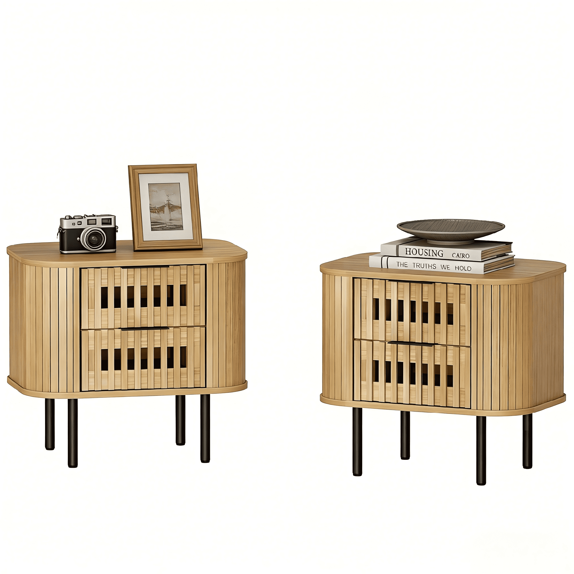 Wampat Modern Fluted Nightstand Set of 2, Wooden End Table with 2 Drawers, 20.4H" Bedside table for Living Room, Bedroom, Oak