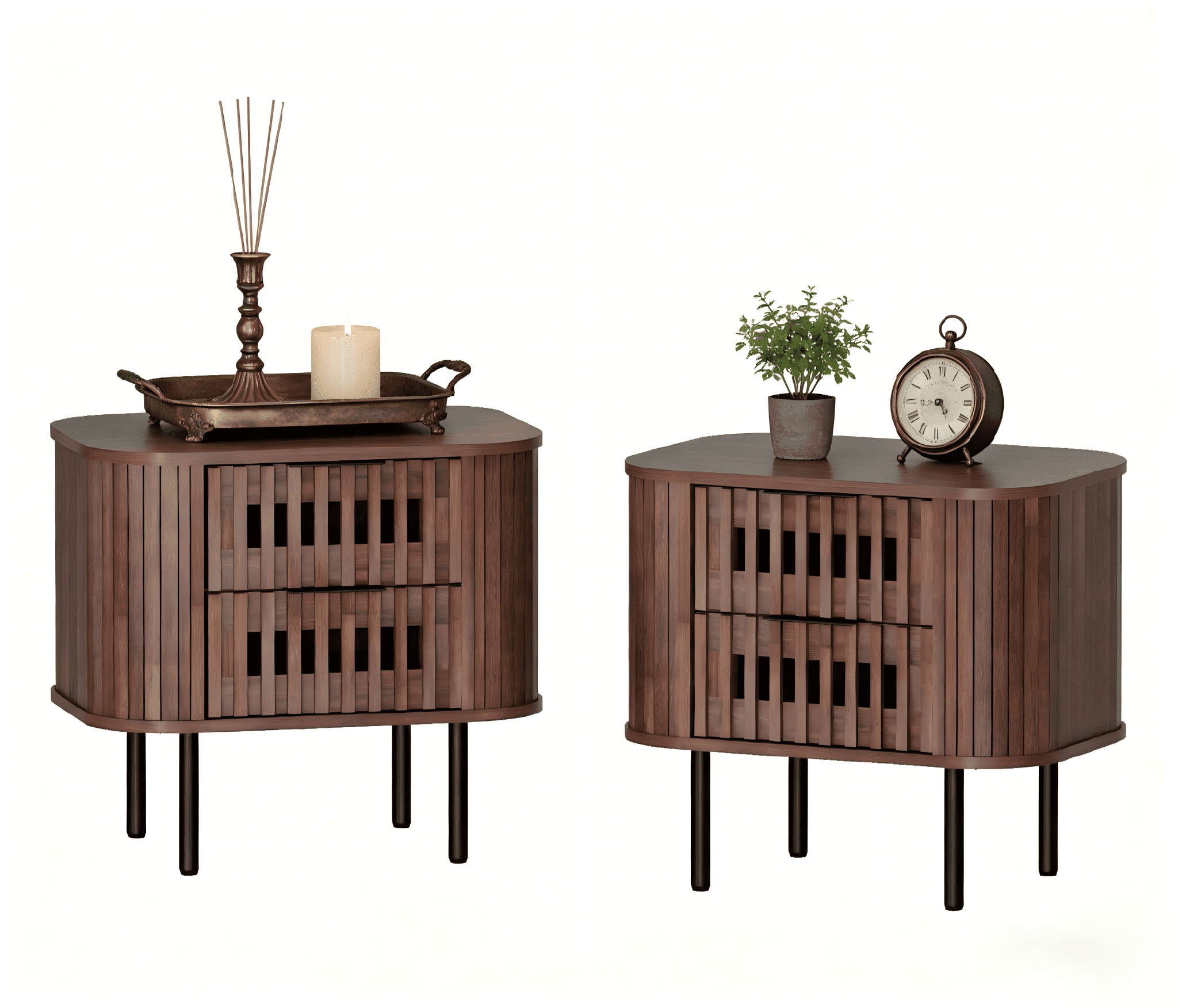 Wampat Modern Fluted Nightstand Set of 2, Wooden End Table with 2 Drawers, 20.4H" Bedside table for Living Room, Bedroom, Walnut