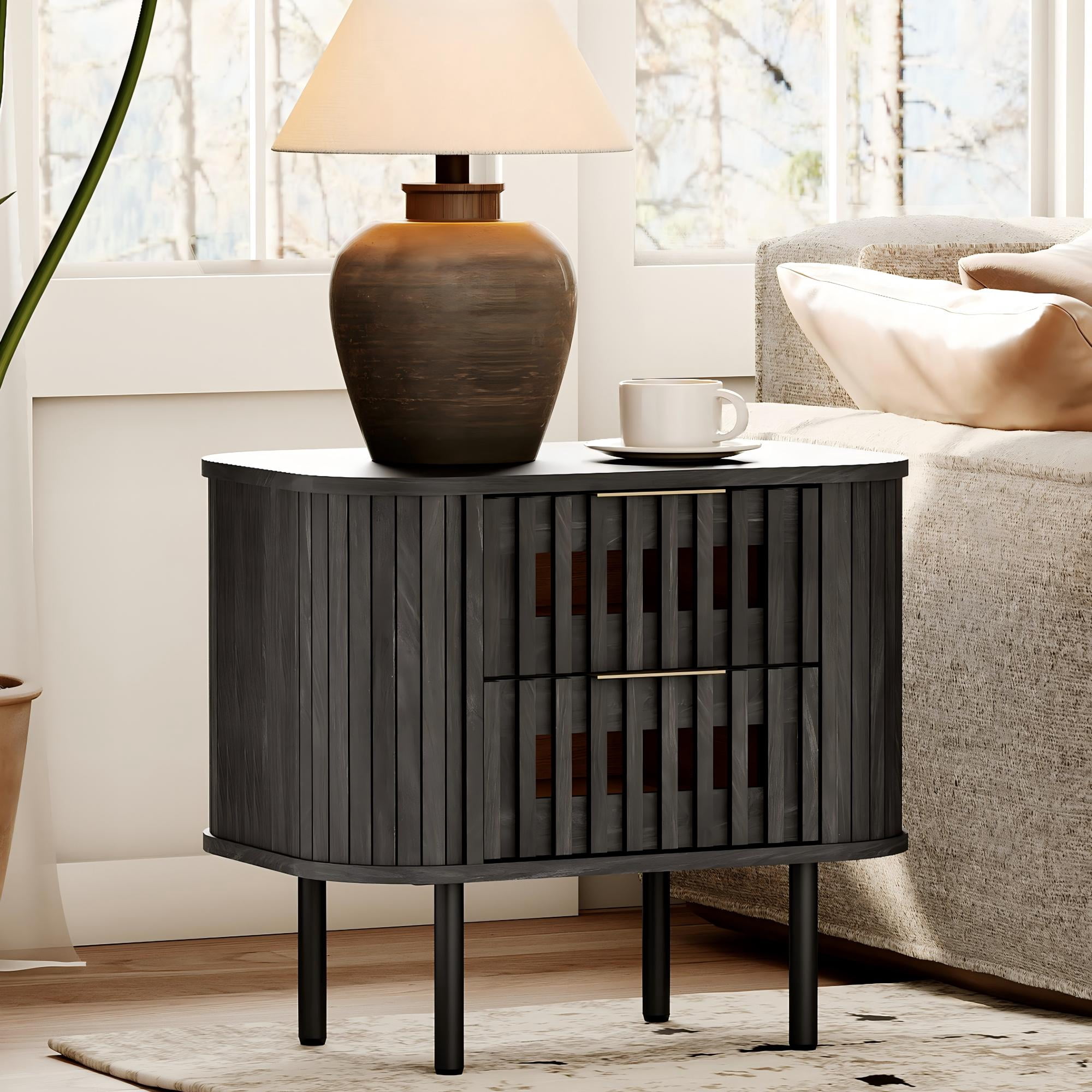 Wampat Modern Fluted Nightstand, Wooden End Table with 2 Drawers, 20.4H" Bedside table for Living Room, Bedroom, Black