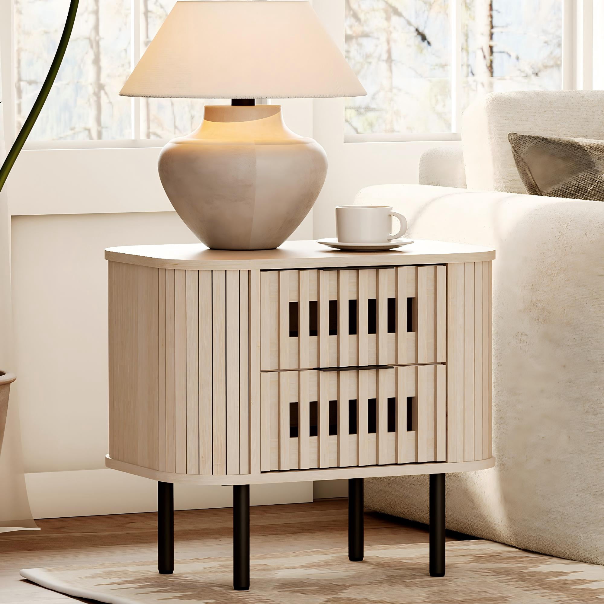 Wampat Modern Fluted Nightstand, Wooden End Table with 2 Drawers, 20.4H" Bedside table for Living Room, Bedroom, Natural