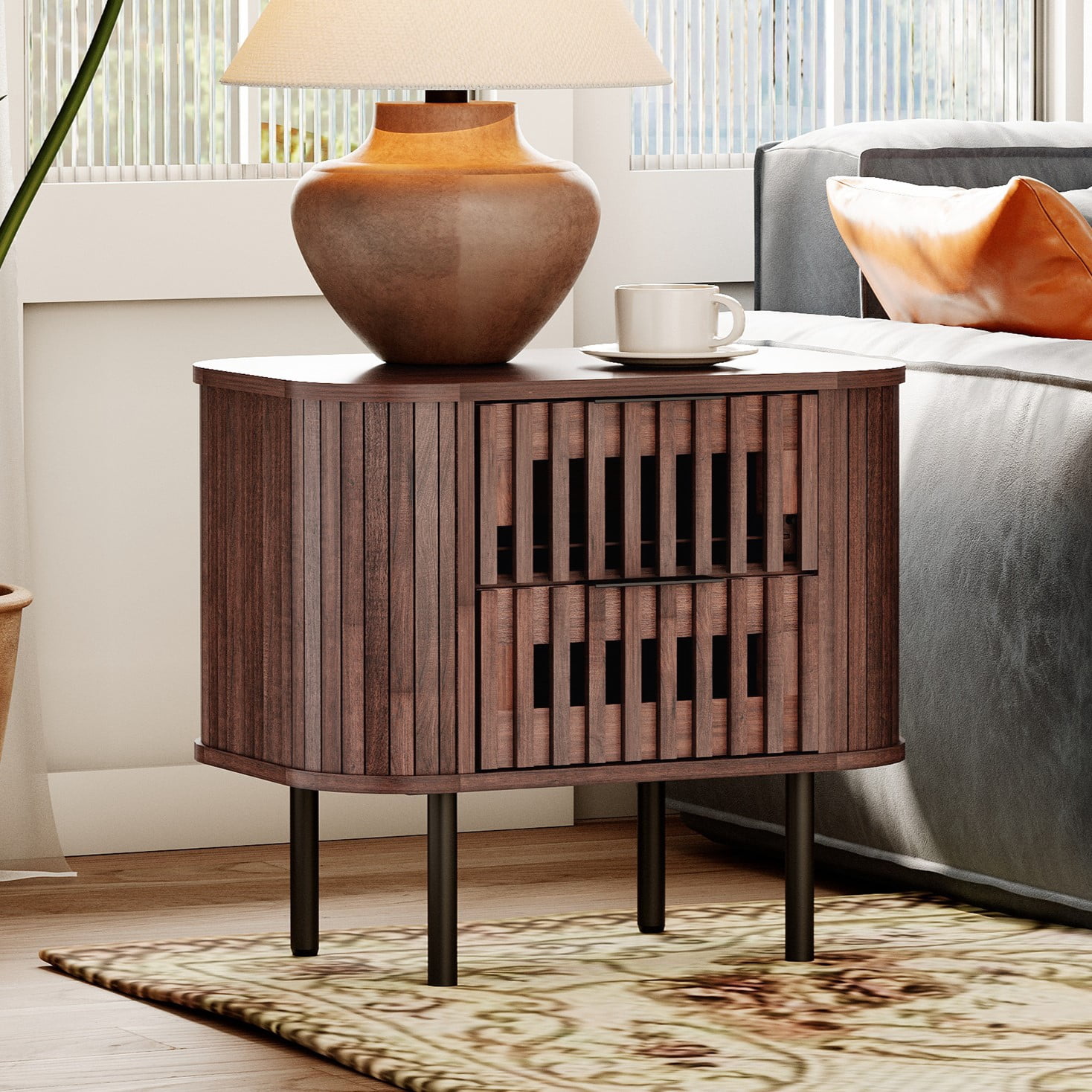 Wampat Modern Fluted Nightstand, Wooden End Table with 2 Drawers, 20.4H" Bedside table for Living Room, Bedroom, Walnut