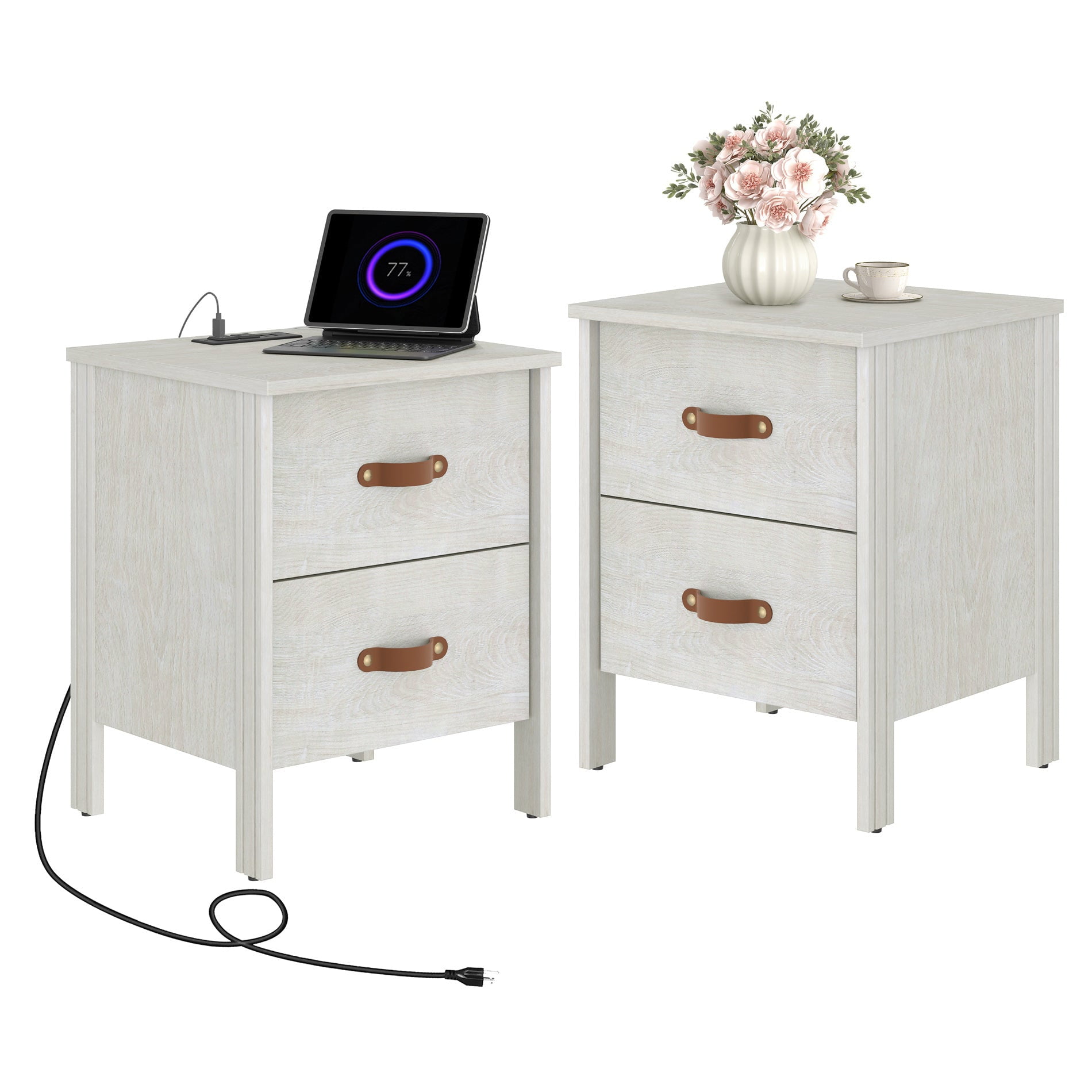 Wampat Set of 2 Nightstands for Bedroom, Compact Side Table with 2 Drawers & Charging Station for Living Room, Off White