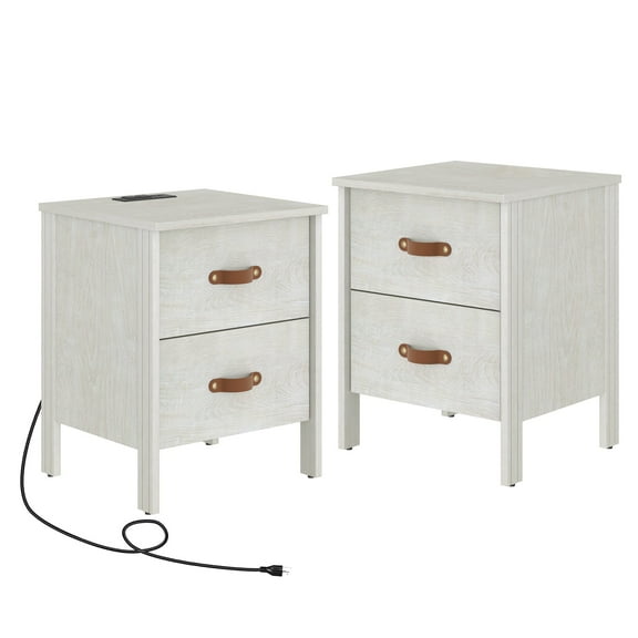 Wampat Set of 2 Side Tables for Living Room, Small End Table Wood Nightstand with 2 Drawers & Charging Station for Bedroom, Off White