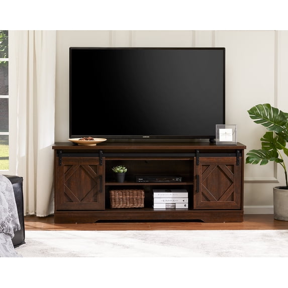 Wampat Sliding Barn Door TV Stand for 70 Inch Flat Screen, Media Console Table Storage Cabinet in Rustic Gray Wash, Entertainment Center for Living Room, 59 Inch
