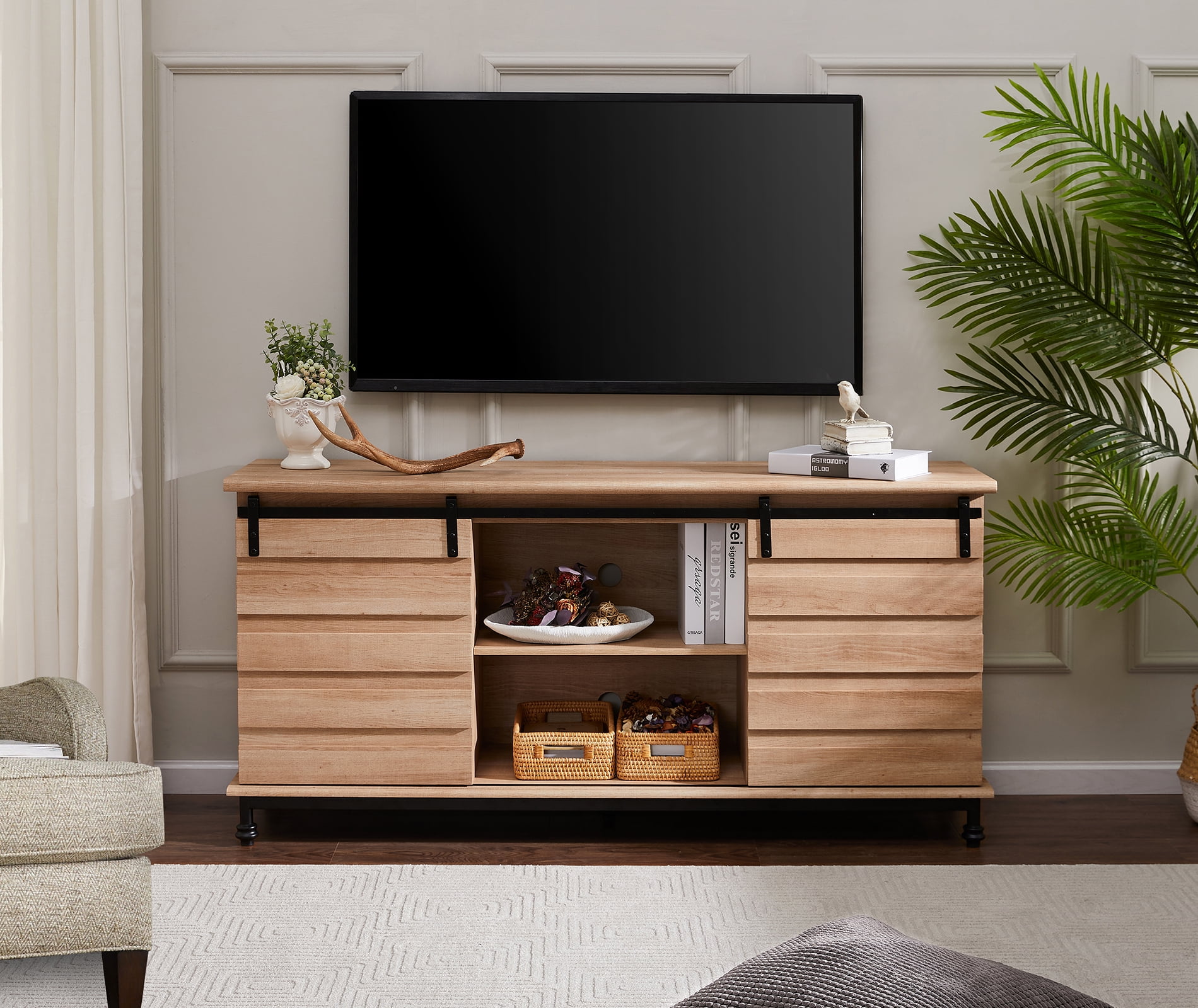 Wampat Sliding Barn Door TV Stands with Furniture Safety Straps, Oak