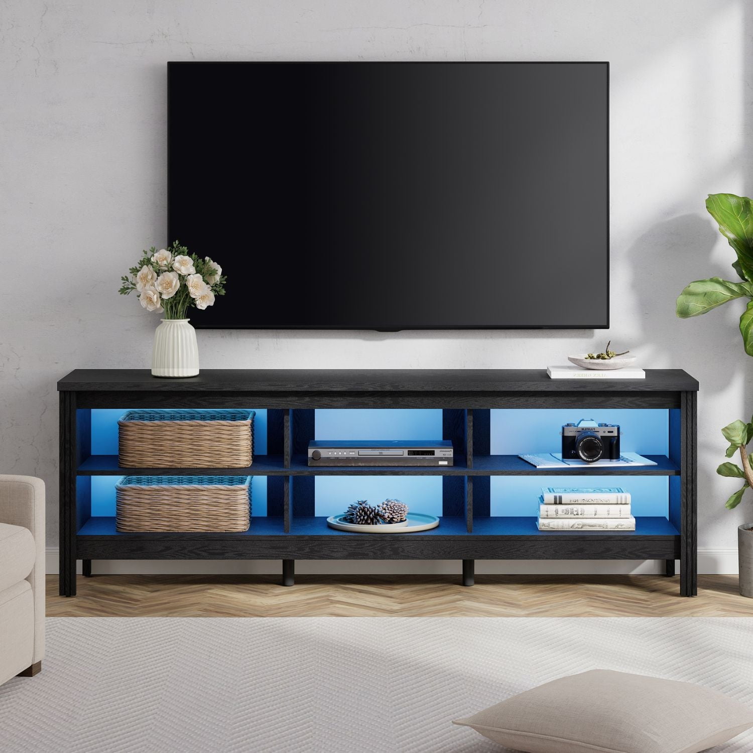Wampat TV Stand for 75" TV, Black Modern Entertainment Center with LED ...