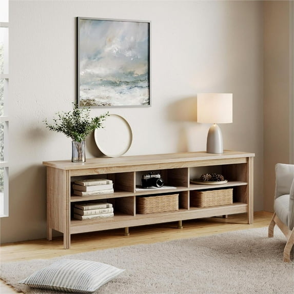Wampat TV Stand for 75 inch TV Entertainment Center, 70'' Wood TV Console Media Table with 6 Cubby Storage for Living Room Bedroom, White Oak