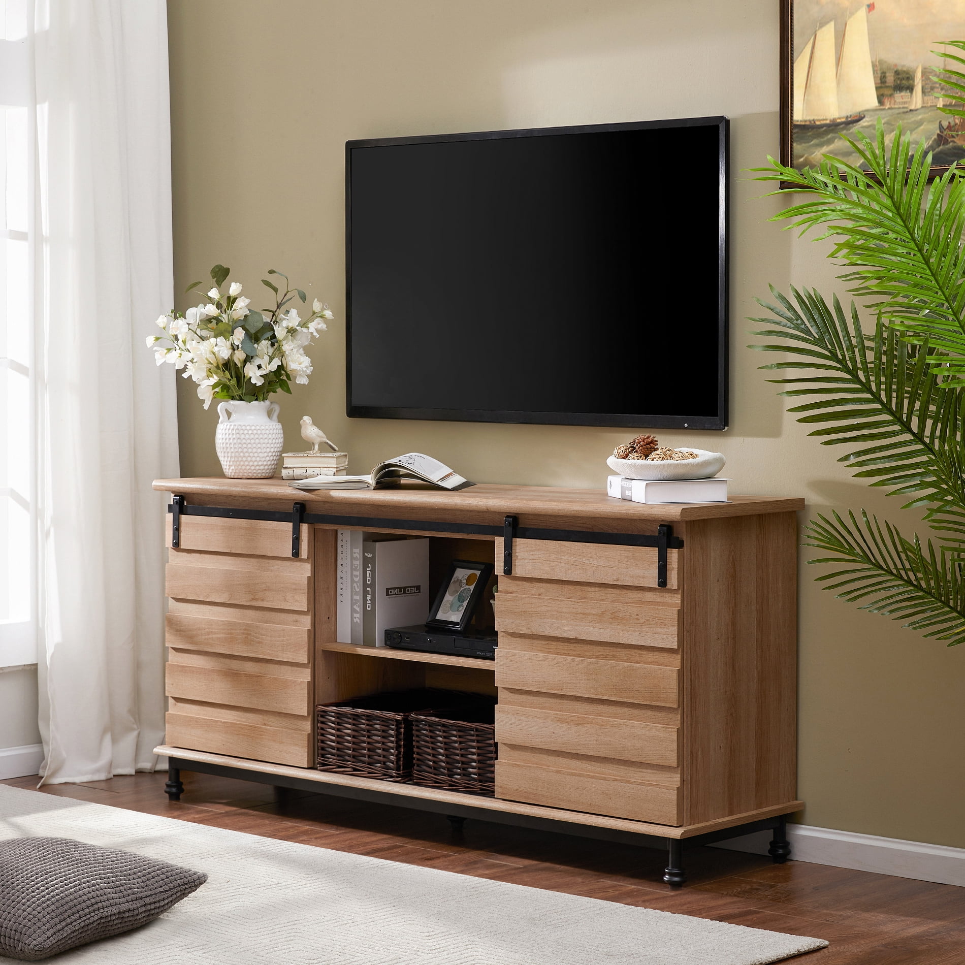 Wampat TV Stand with 2 Sliding Doors for TVs up to 65", Light Brown