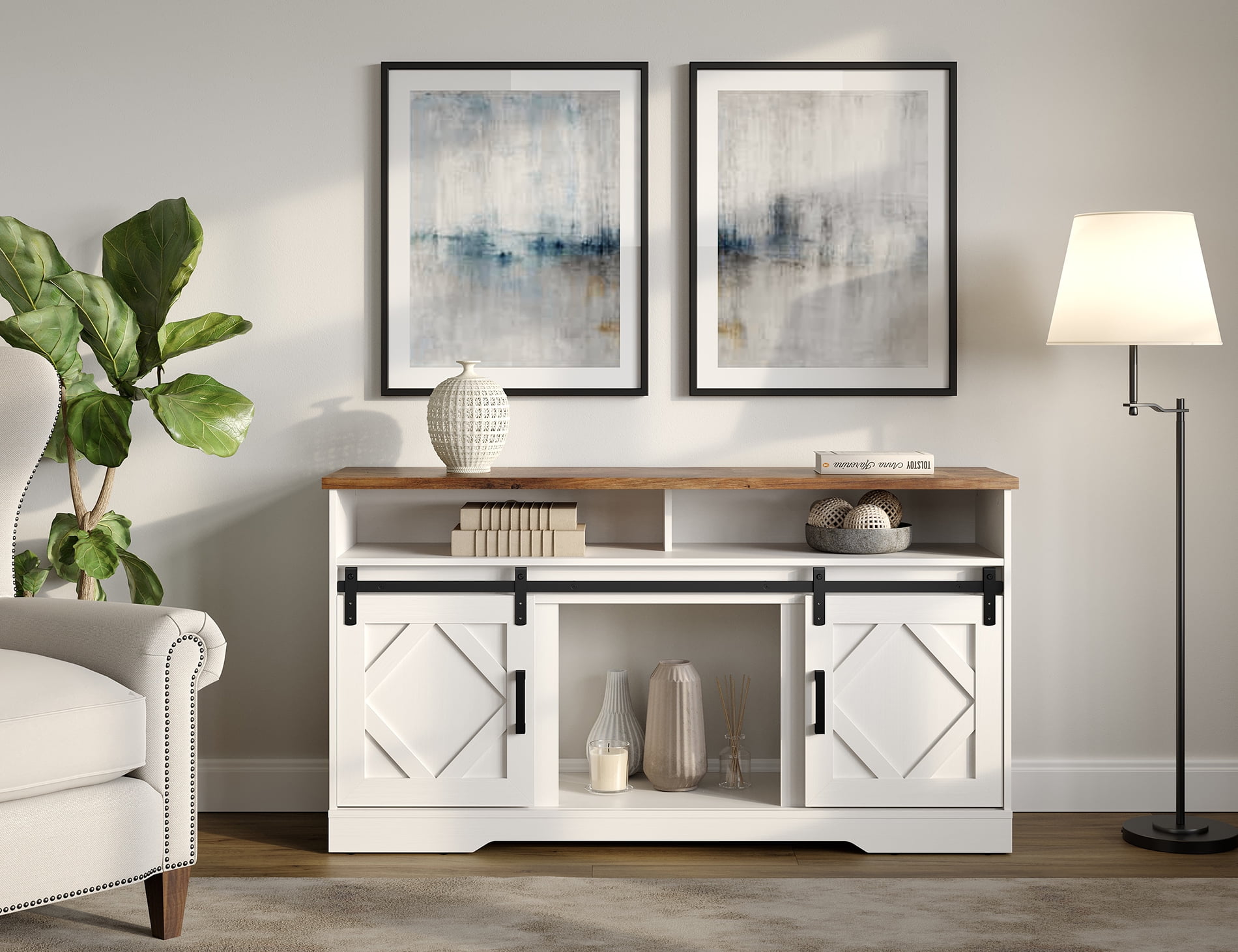 Wampat TV Stand with 2 Sliding Doors for TVs up to 65", White