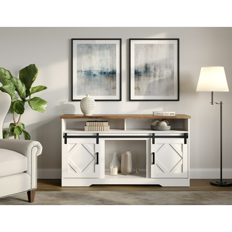 Wampat Rustic Farmhouse TV Stand with 2 Sliding Barn Doors Adjustable Shelves Cable Management for TVS Up to 65 inch White