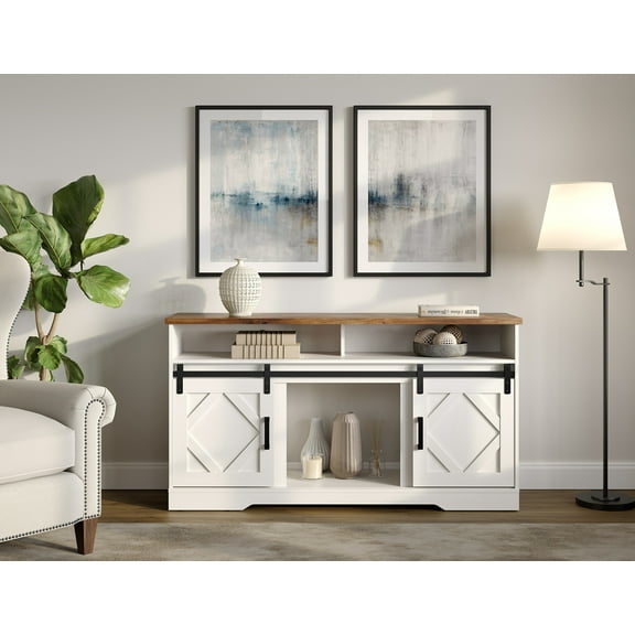 Wampat TV Stand with 2 Sliding Doors for TVs up to 65", White