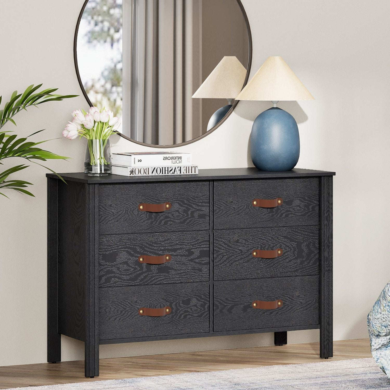 Wampat Wide Chest of Drawers with 6 Drawers, Wood Kids Dresser for Living Room, Bedroom, Black