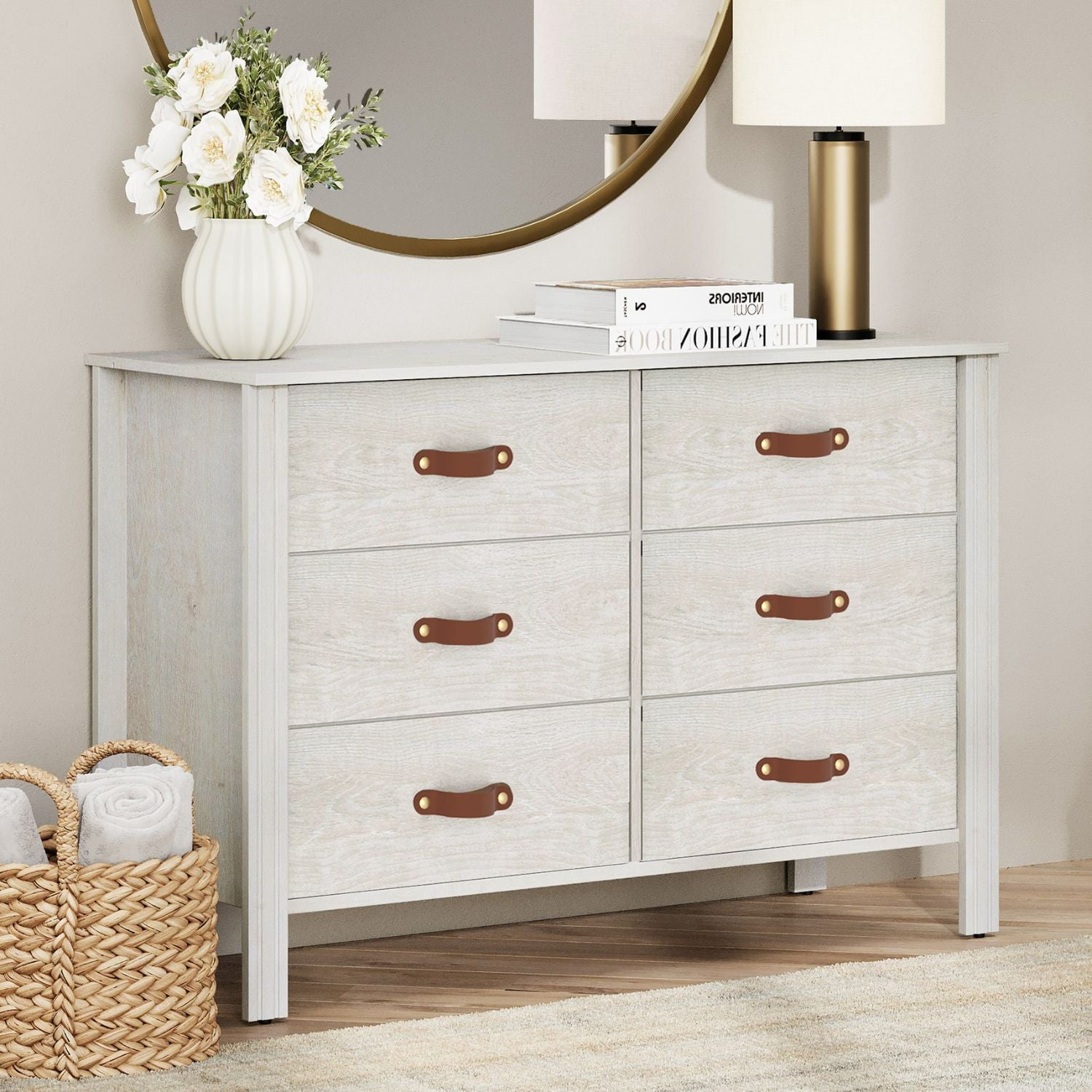 Wampat Wide Chest of Drawers with 6 Drawers, Wood Kids Dresser for Living Room, Bedroom, Off White