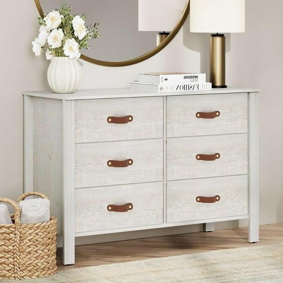 Wampat Wide Chest of Drawers with 6 Drawers, Wood Kids Dresser for Living Room, Bedroom, Off White