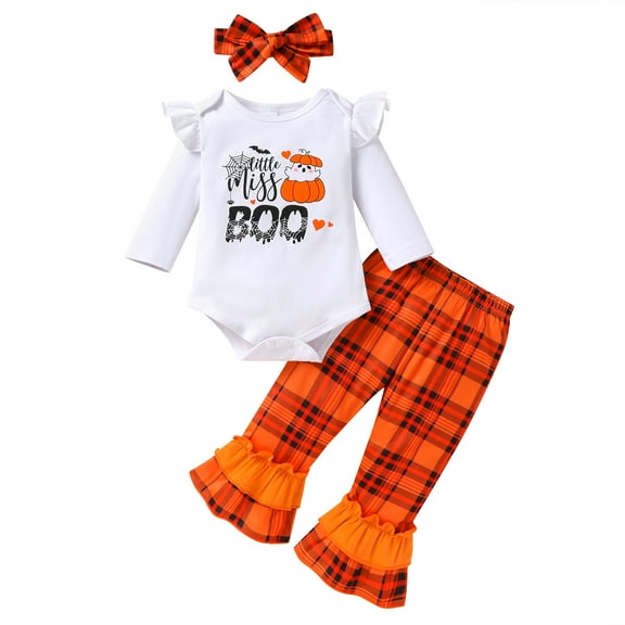 Wamsoby Baby Halloween Outfits Toddler Girl Long Sleeve Pumpkin Romper Top Pants with Headband Clothes Set for 6-12 Months