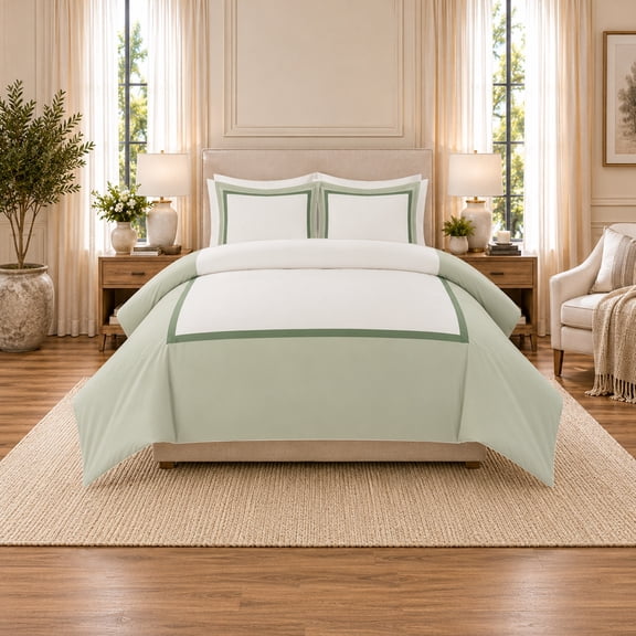 Wamsutta 1846 Cotton Tencel 3-Piece Desert Sage Henley Border Comforter Set, Full/Queen