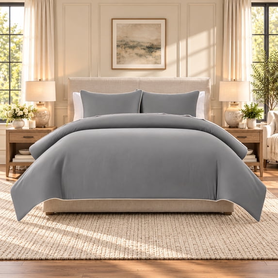 Wamsutta 1846 Cotton Tencel 3-Piece Gray Flannel Solid Comforter Set, Full/Queen