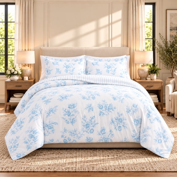 Wamsutta 1846 Cotton Tencel 3-Piece Blue Layla Floral Comforter Set, Full/Queen