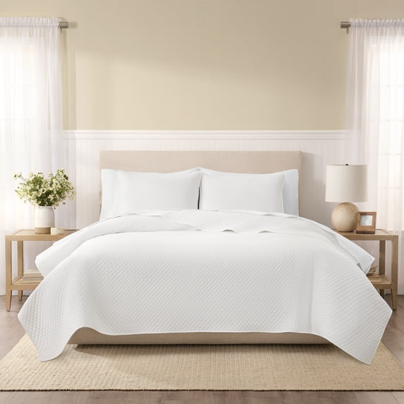 Wamsutta 1846 Cotton Tencel 3-Piece White Diamond Stitch Quilt Set, King