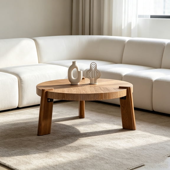 WanKaMom 36.61" Round Wood Coffee Table, Rustic Herringbone Solid Wood Top with Tapered Legs, Natural Distressed Finish for Living Room
