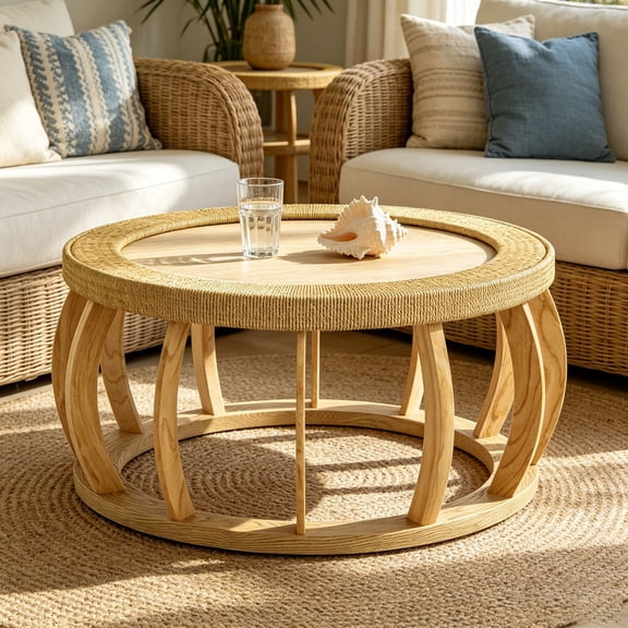 WanKaMom Boho Rattan Coffee Table, Round Wooden Tea Table with Curved Legs, Coastal & Rustic Style Woven Accent Table for Living Room, Sturdy Solid Wood Frame, Easy Setup