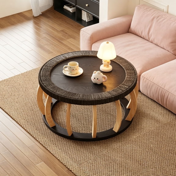 WanKaMom Boho Rattan Coffee Table, Round Wooden Tea Table with Curved Legs, Coastal & Rustic Style Woven Accent Table for Living Room, Sturdy Solid Wood Frame, Easy Setup