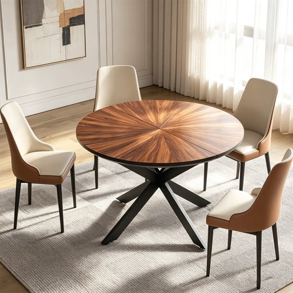 WanKaMom Extendable Round Dining Table, 47.2"-63" Solid Wood Top & Metal Frame, Seats 4-6, Versatile Kitchen & Dining Room Furniture