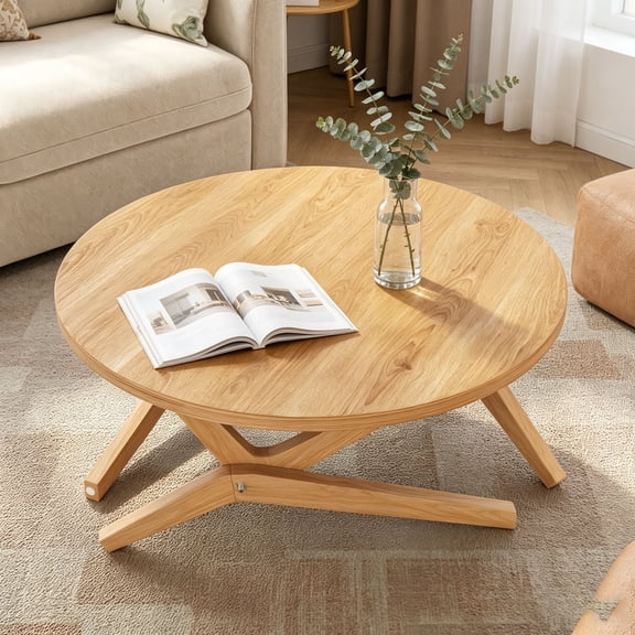 WanKaMom Foldable Coffee Table 16.5"-29.5" Adjustable Height, 34.5" Round Solid Wood Transformer Tables, Folding Floor Table Compact Design
