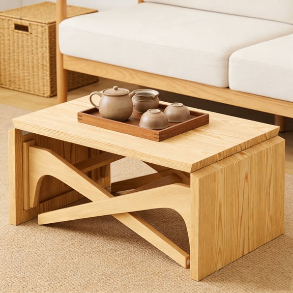WanKaMom Folding Table, Transformer Tables, 2-in-1 Foldable Coffee Table, Natural Wood Finish, Variable Height & Expandable Surface