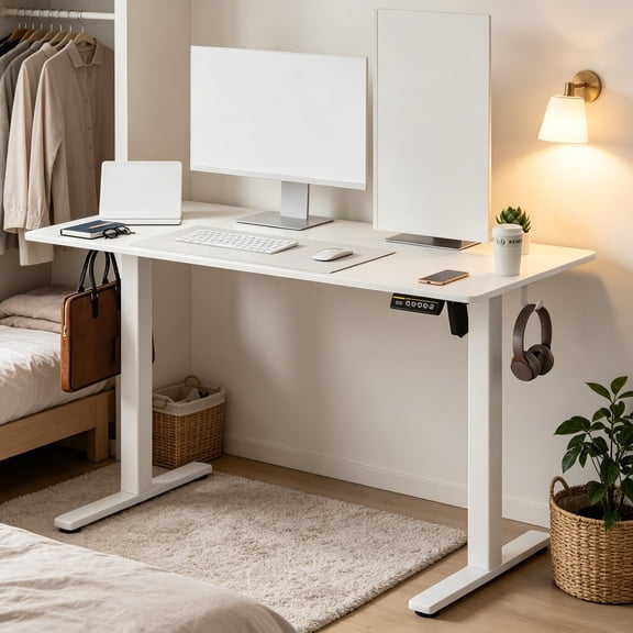 WanKaMom Home Office Electric Table, Standing Height Adjustable Desk, Quiet 45dB Motor, 1"/s Smooth Lifting, 154 LBS Load, Carbon Steel Frame, Memory Presets & Dual Hooks