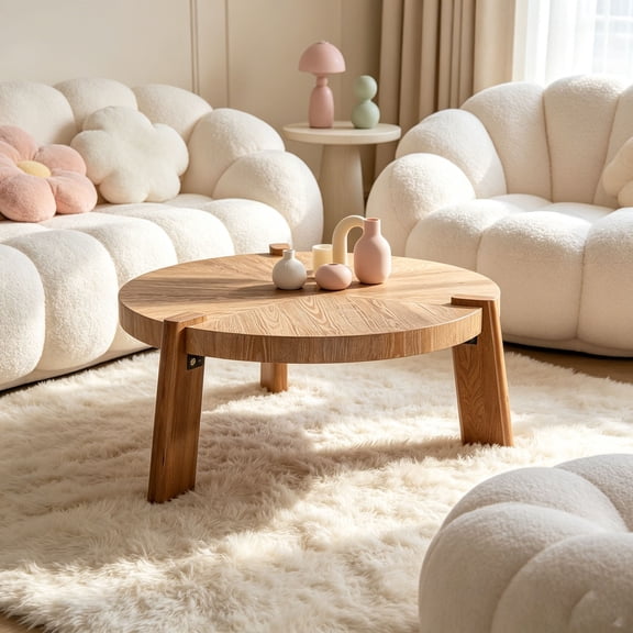 WanKaMom Large Round Coffee Table, Handcrafted Herringbone Wood Table with Tapered Legs, Easy Assemble & Care for Farmhouse Decor