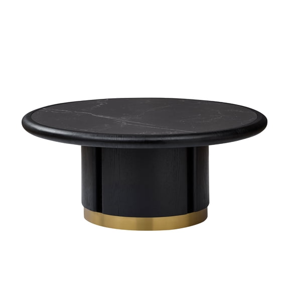 WanKaMom Minimalist Round Coffee Table, Scratch-Proof Sintered Stone Top, Stable Stainless Steel Trimmed MDF Pedestal for Contemporary Interior