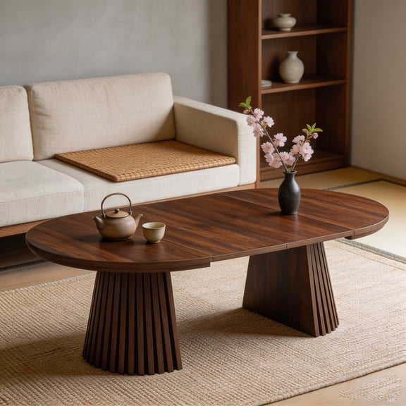 WanKaMom Minimalist Walnut Coffee Table Extendable Round 43.31" Oval Dining Table for Kitchen Living Room