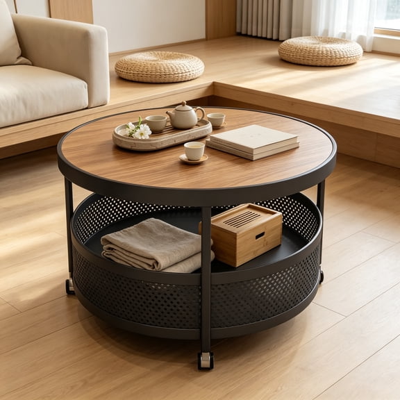 WanKaMom Mobile Side Table with Wheels, Round Small Rolling Coffee Table, 2-Tier Storage Sofa Table, Sturdy Iron Frame Rolling End Table with 360 Swivel Casters for Small Spaces