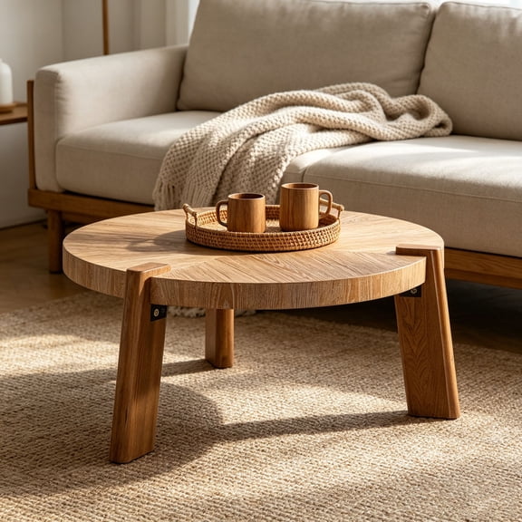 WanKaMom Round Coffee Table, Wood Herringbone Pattern Top, Tapered Legs & Easy Assemble, Rustic Farmhouse Style for Home Use