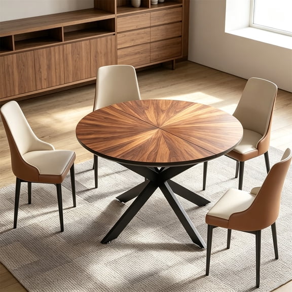 WanKaMom Round Extendable Dining Table, Scratch-Resistant Solid Wood Surface, 29.5" Alloy Cross Legs, Perfect for Kitchen & Dining Spaces