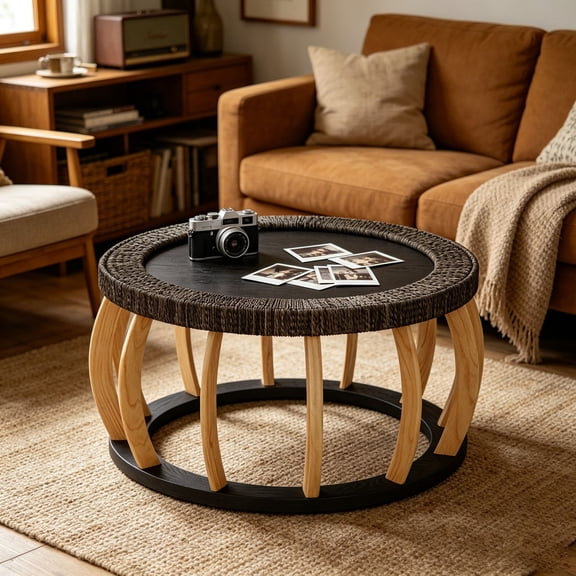 WanKaMom Round Wooden Coffee Table Set, Woven Rattan Boho Living Room Furniture, Vintage Style with Curved Solid Wood Legs, Perfect Center Table for Small Spaces
