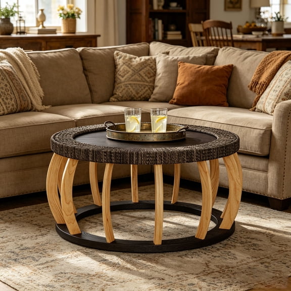 WanKaMom Round Wooden Coffee Table for Small Apartment, Rattan Wicker Side Table Set, Bohemian Style Open Frame Design, Solid Wood Legs, Lightweight & Easy Assembly