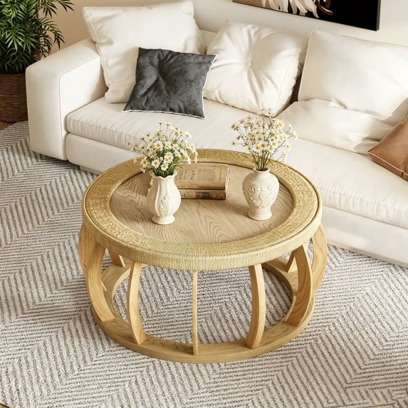WanKaMom Round Wooden Coffee Table for Small Apartment, Rattan Wicker ...