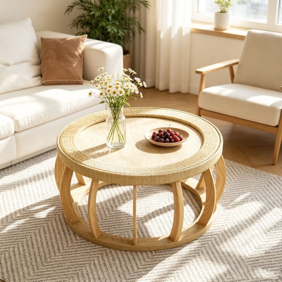 WanKaMom Solid Wood Round Coffee Table, Handwoven Rattan Top Boho Furniture, Sturdy Curved Leg Design Holds 110LBS, Vintage Living Room Tea Table, Easy Assembly