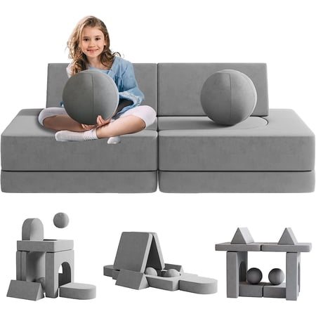 Wanan 10Pcs Kids Couch Modular Sofa, Convertible Toddler Play Sofa with 2 Balls