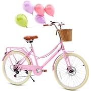 Cuoote 24 Inch Girls Bike, Kids Bike for 6-15 Years with Rattan Basket, Lightweight Carbon Steel Frame, Kids Bicycles 7-Speed Cruiser