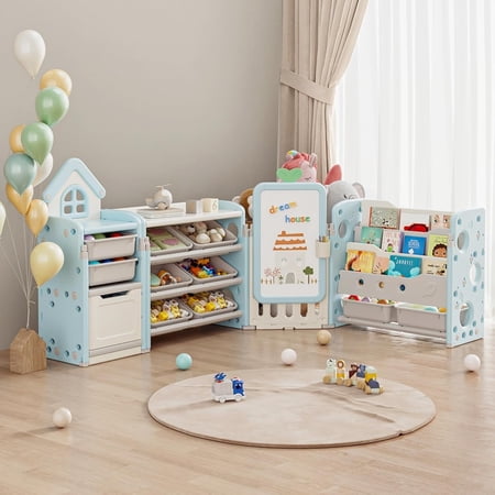 Cuoote Foldable 3-Tier Bookshelf for Kids, Toy Storage Organizer with 10 Removable Bins, Drawing Board, 3 Brushes, Light Blue