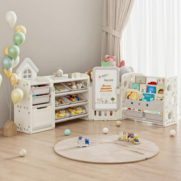 Wanan Foldable 3-Tier Bookshelf for Kids, Toy Storage Organizer with 10 Removable Bins, Drawing Board, 3 Brushes, Off-white